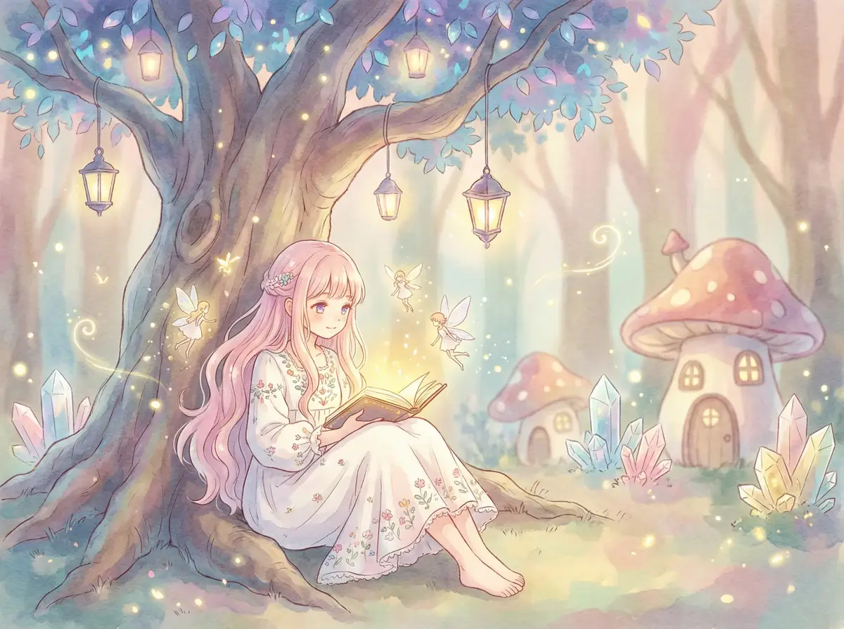 范迪塞尔 - 魔法森林中阅读故事书的粉发少女与精灵